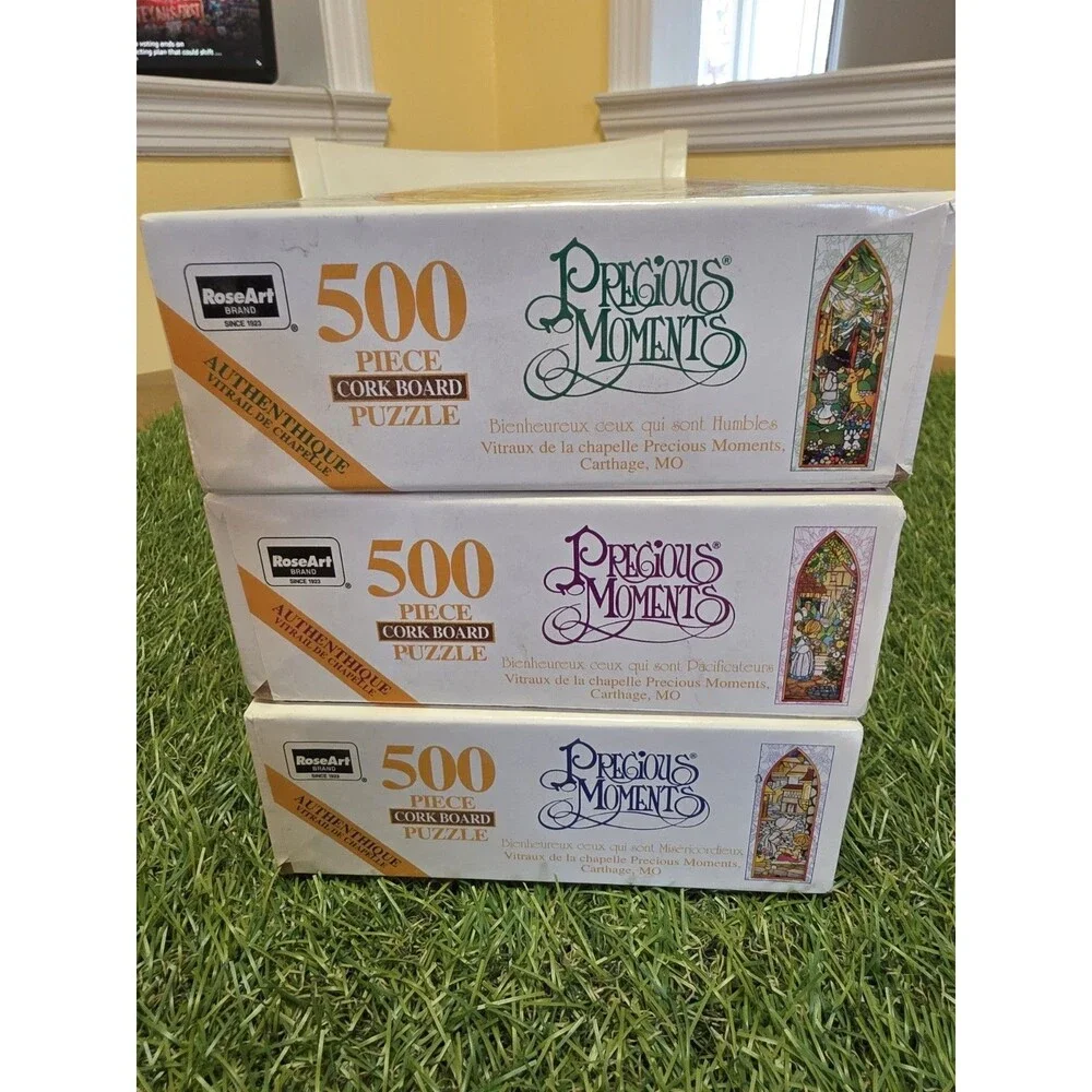 Lot Of 3 Vtg Precious Moments 500 Peace Puzzles Stained Glass New Sealed Chapel